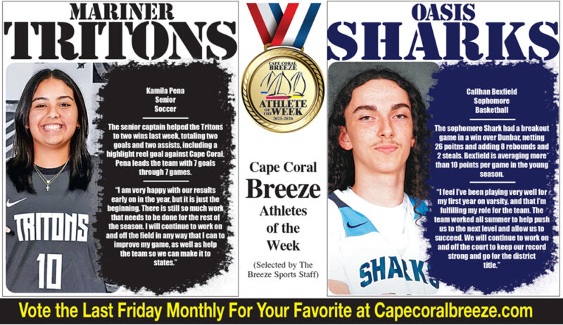 Athletes of the Week | Dec. 11 | Mariner Triton soccer player Kamila Pena and Oasis Shark basketball player Callhan Bexfield